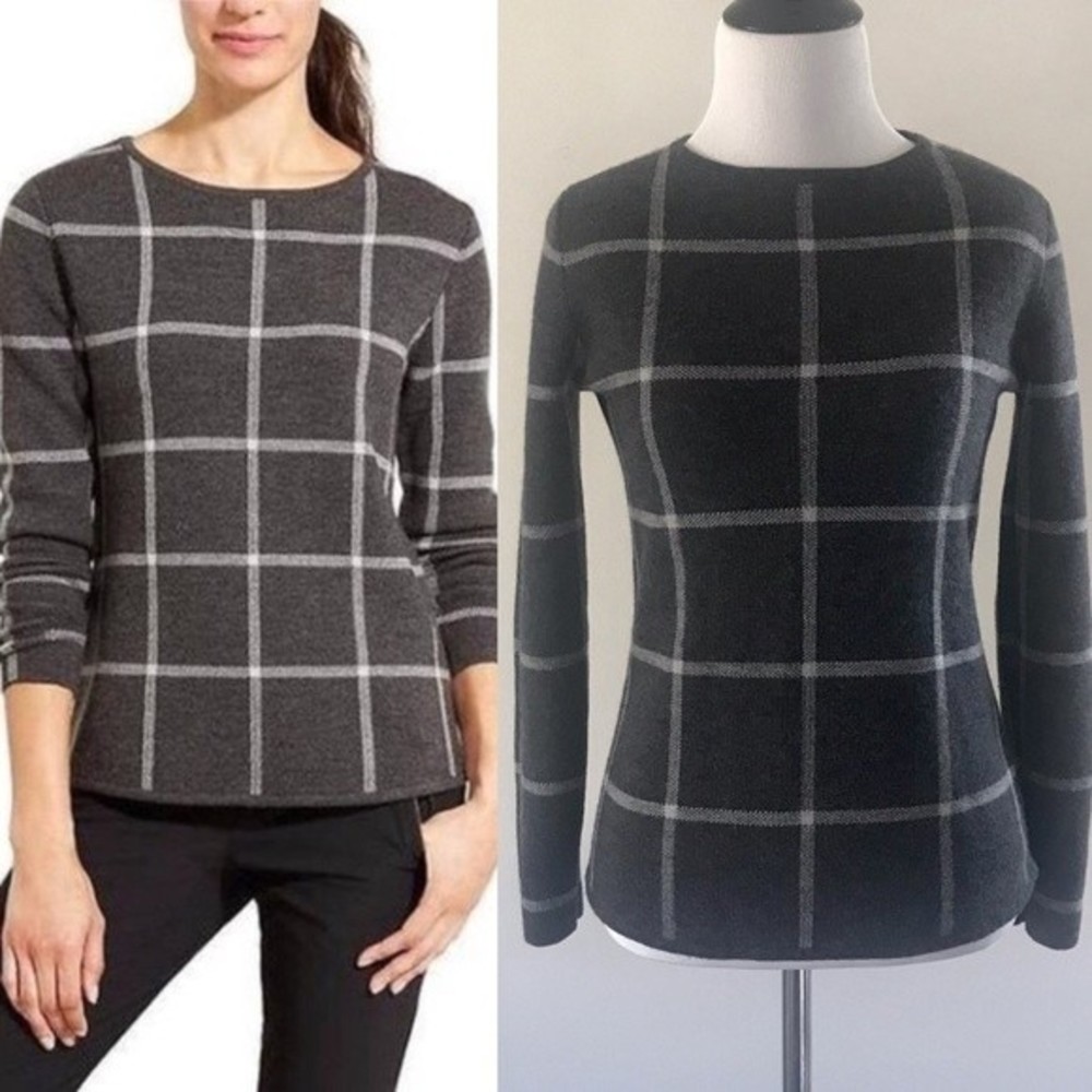 Athleta Dakota Merino Wool Plaid Windowpane Gray Sweater - Size XXS